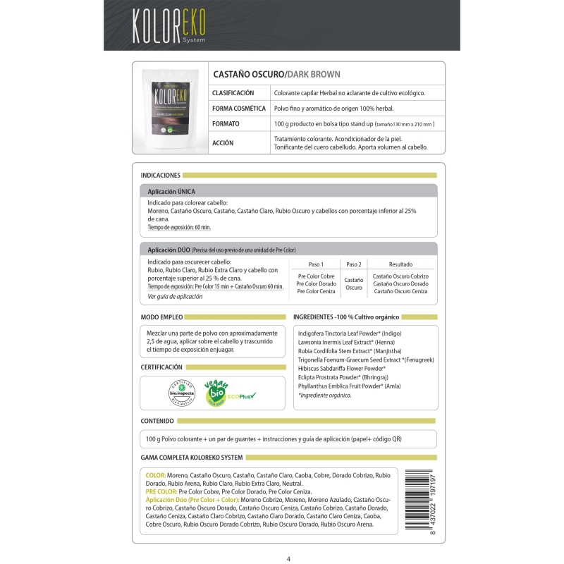 KOLOREKO Tinte natural CASTAÑO OSCURO de aplicación única – Coloración 100% vegetal y ecológica