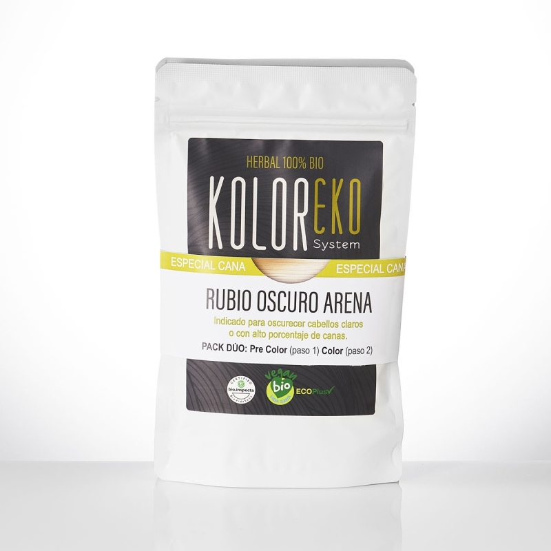 KOLOREKO Tinte natural dúo RUBIO OSCURO ARENA - especial canas - pre color CENIZA + tinte RUBIO ARENA