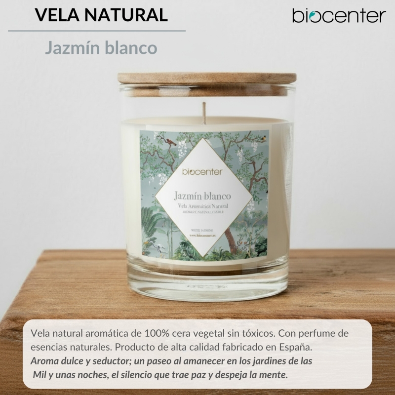 BIOCENTER Vela natural de cera de soja - JAZMÍN BLANCO, paz y seducción - 200 g (40 horas)