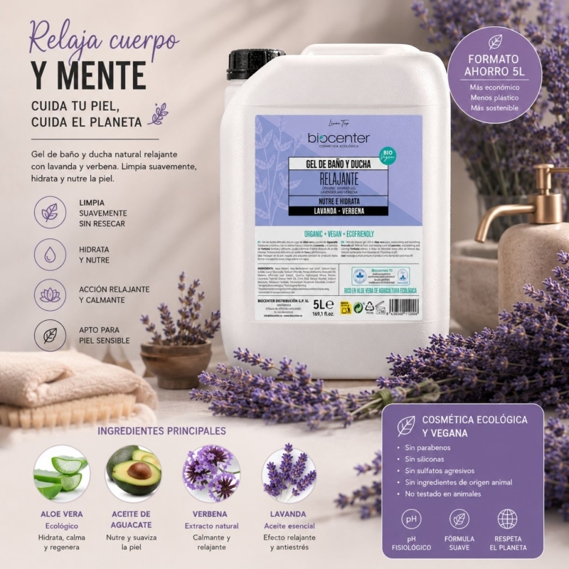Gel de baño y ducha natural relajante recarga 5 litros Biocenter Lavanda ecológico