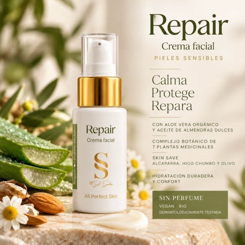 Crema Facial Repair Sol Santos – Piel Sensible, Calmante y Reparadora, Aloe Vera Bio – 30 ml