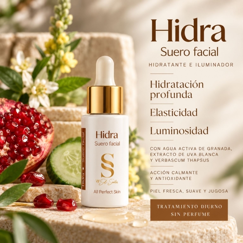 Suero Facial Hidra Sol Santos – Ácido Hialurónico, Hidratación y Luminosidad, Antiedad – 30 ml